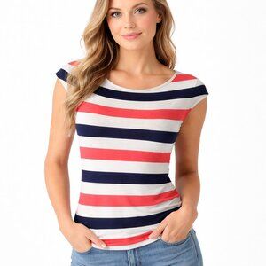 Gap Modern T Slim Fit Pink Coral White Navy Stripe Cap Sleeve Tee Shirt Women XS